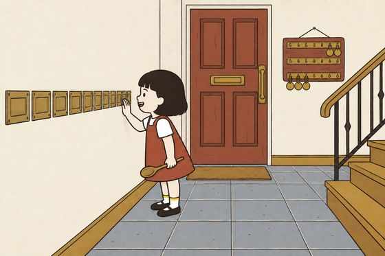 Pim stands at the Hall’s row of twelve brass letterbox flaps with her palm close to one flap and her wooden spoon down.