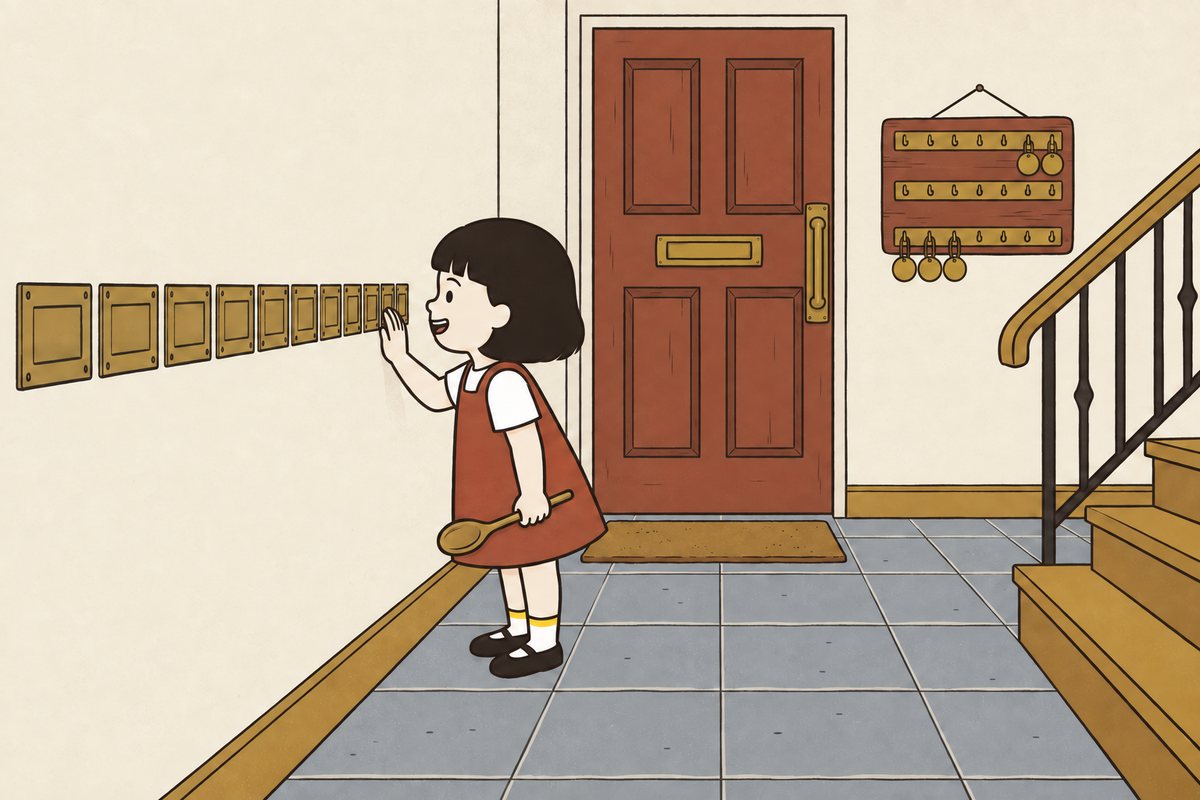 Pim stands at the Hall’s row of twelve brass letterbox flaps with her palm close to one flap and her wooden spoon down.
