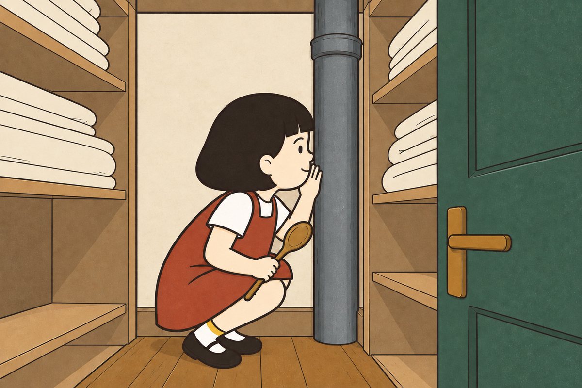 Pim listens inside the same linen cupboard beside folded off-white sheets and the exposed pipe, ear turned toward the pipe as she waits for two gulps from above.