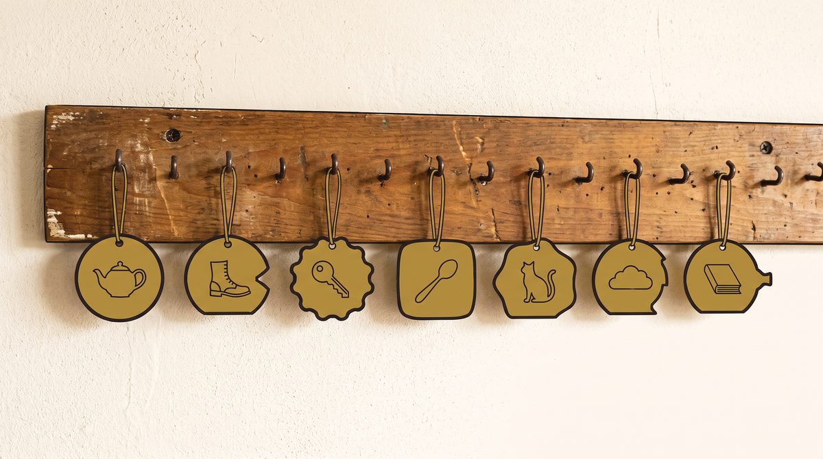 The tapper board in the Hall: a worn wooden board of small brass hooks with engraved brass discs hanging on it, and several hooks still empty.
