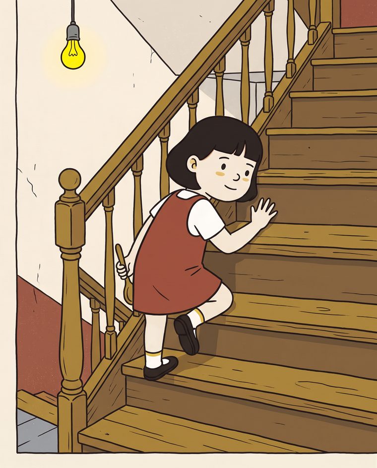 Pim halfway up a staircase, one foot set carefully on a single tread, holding still and listening to it.