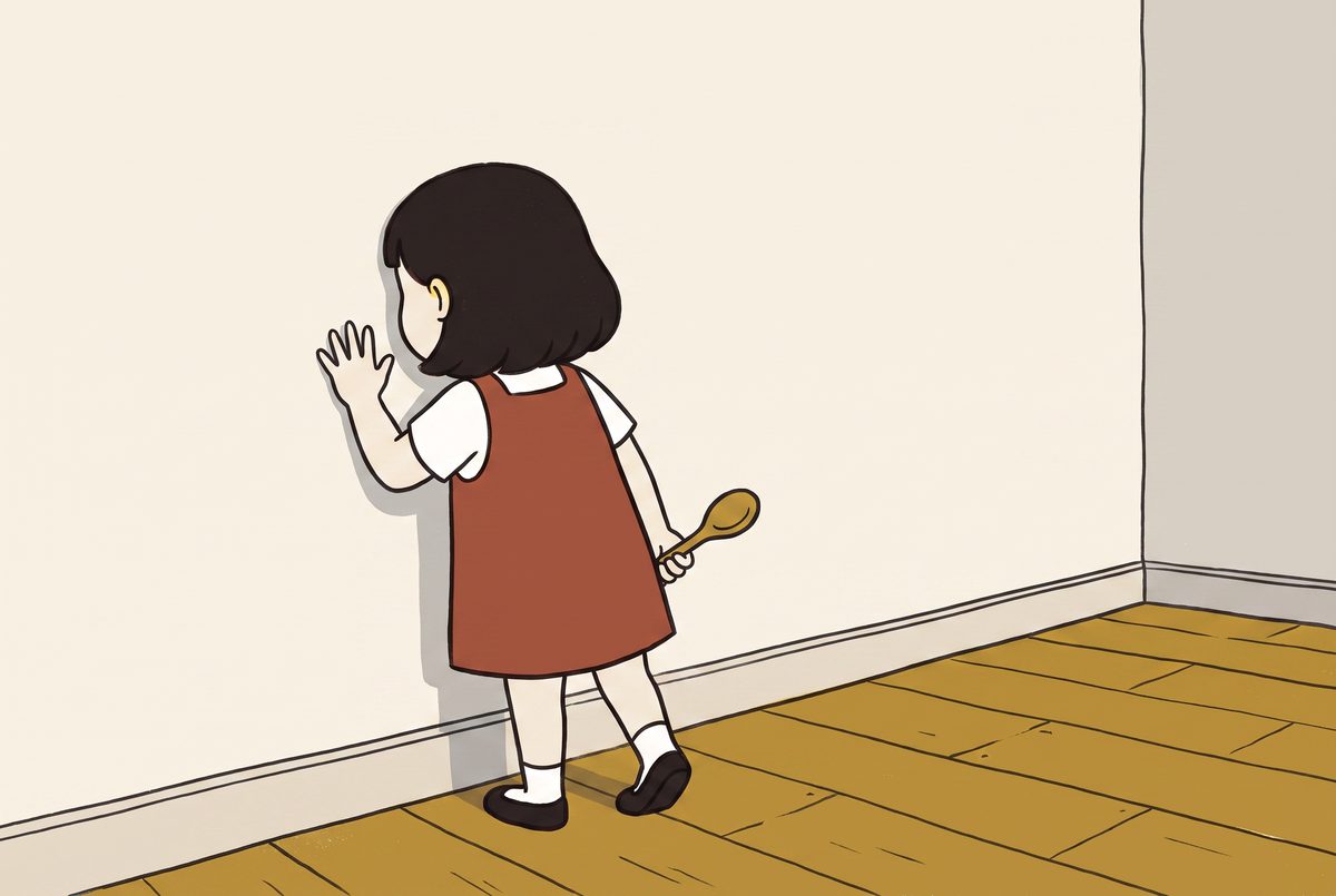 Pim against a plain plastered wall, cheek and flat palm on it, spoon in her other hand, waiting for the wall to tap back.