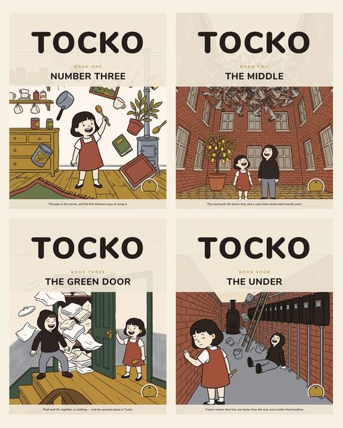 All four Tocko paperbacks standing side by side.