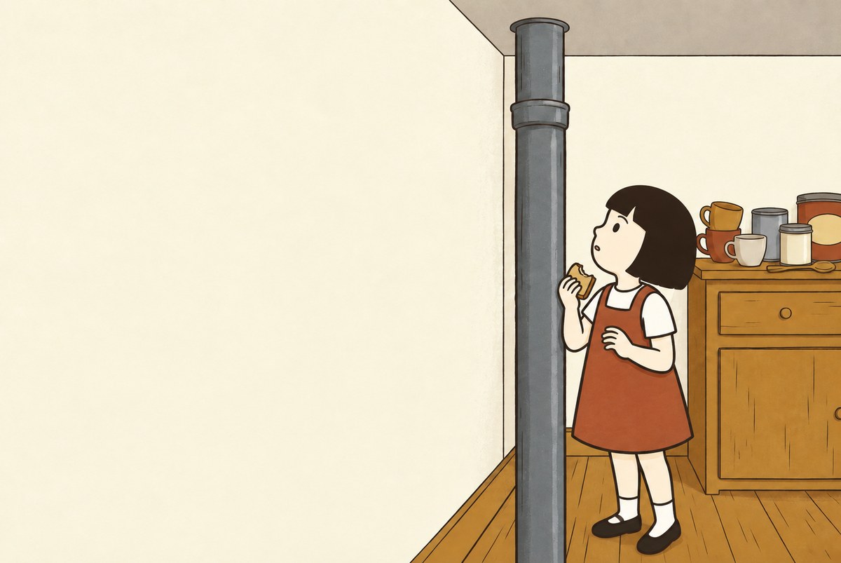 Pim pauses with her bread and looks up at a thump above the kitchen ceiling.