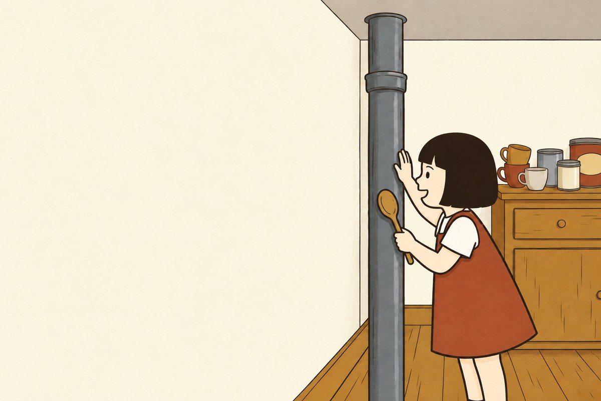 Pim touches her wooden spoon to the pipe and feels its hum with her free hand.