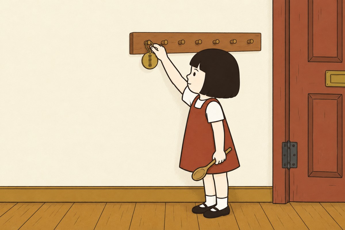 Pim hangs a brass disc engraved with a pipe on the Hall board; the remaining hooks are empty.
